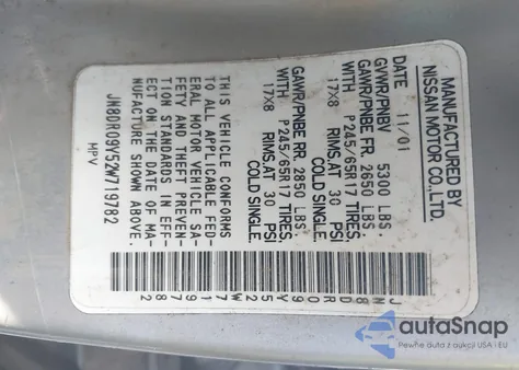 2002 Nissan Pathfinder Le z USA, uszkodzony, nr VIN JN8DR09Y52W719782